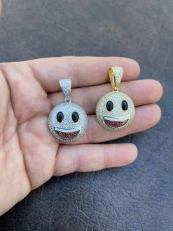 Real 925 Sterling Silver Hip Hop Smiley Face Emoji Pendant Necklace Iced Gold -Harlem Bling Shop hip hop real 925 sterling silver hip hop smiley face emoji pendant necklace iced gold 96159.1664376783