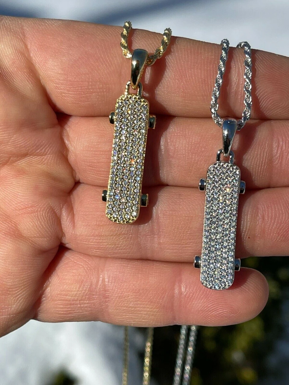 Real 925 Sterling Silver Iced Diamond Skateboard Pendant Hip Hop Gold Necklace 5 Real 925 Sterling Silver Iced Diamond Skateboard Pendant Hip Hop Gold Necklace - Image 3