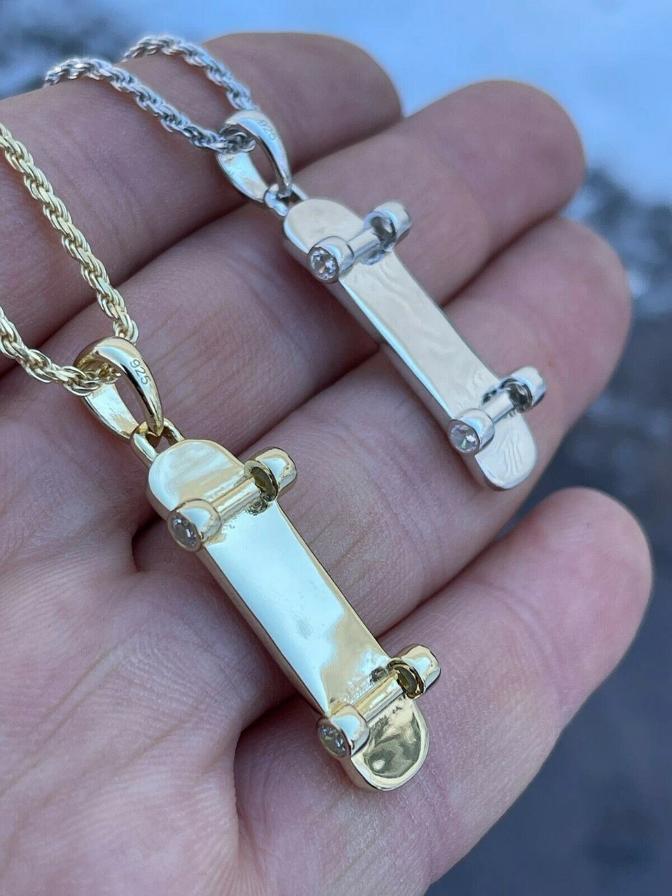 Real 925 Sterling Silver Iced Diamond Skateboard Pendant Hip Hop Gold Necklace 8 Real 925 Sterling Silver Iced Diamond Skateboard Pendant Hip Hop Gold Necklace - Image 6