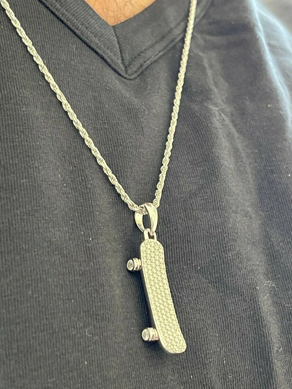 Real 925 Sterling Silver Iced Diamond Skateboard Pendant Hip Hop Gold Necklace 7 Real 925 Sterling Silver Iced Diamond Skateboard Pendant Hip Hop Gold Necklace - Image 5