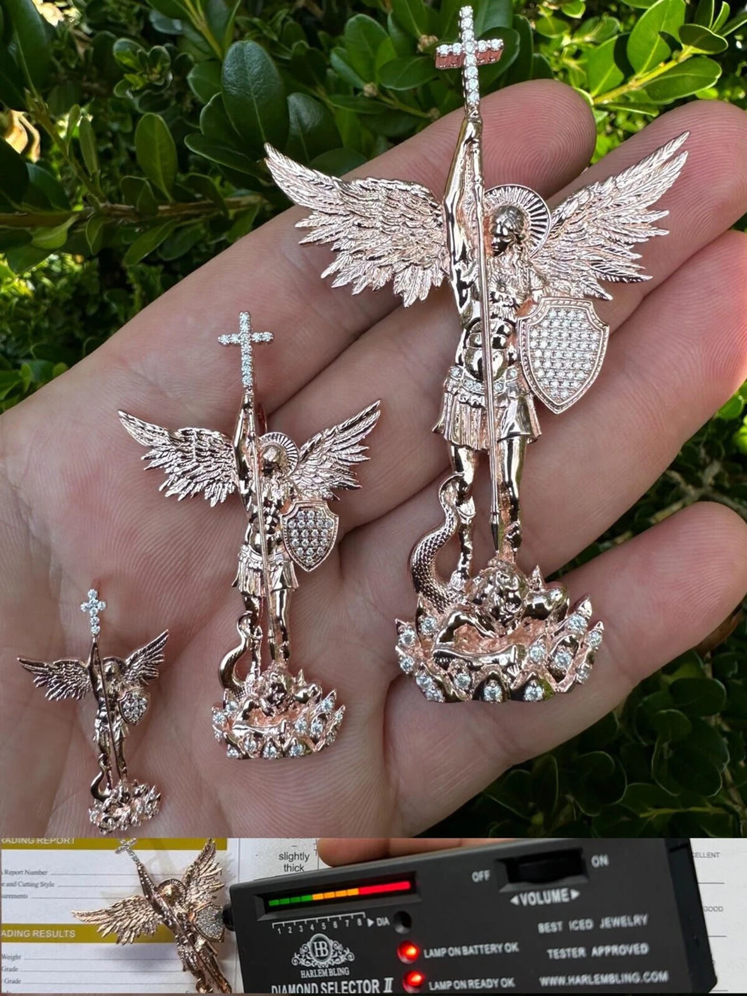 Real Iced MOISSANITE Saint Michael & Dragon Pendant 14k Rose Gold 925 Silver 3 Real Iced MOISSANITE Saint Michael & Dragon Pendant 14k Rose Gold 925 Silver