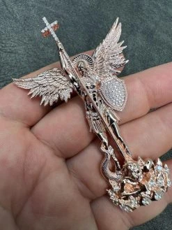Real Iced MOISSANITE Saint Michael & Dragon Pendant 14k Rose Gold 925 Silver 28 Real Iced MOISSANITE Saint Michael & Dragon Pendant 14k Rose Gold 925 Silver -Harlem Bling Shop hip hop real iced moissanite saint michael and dragon pendant 14k rose gold 925 silver 41861.1694828229