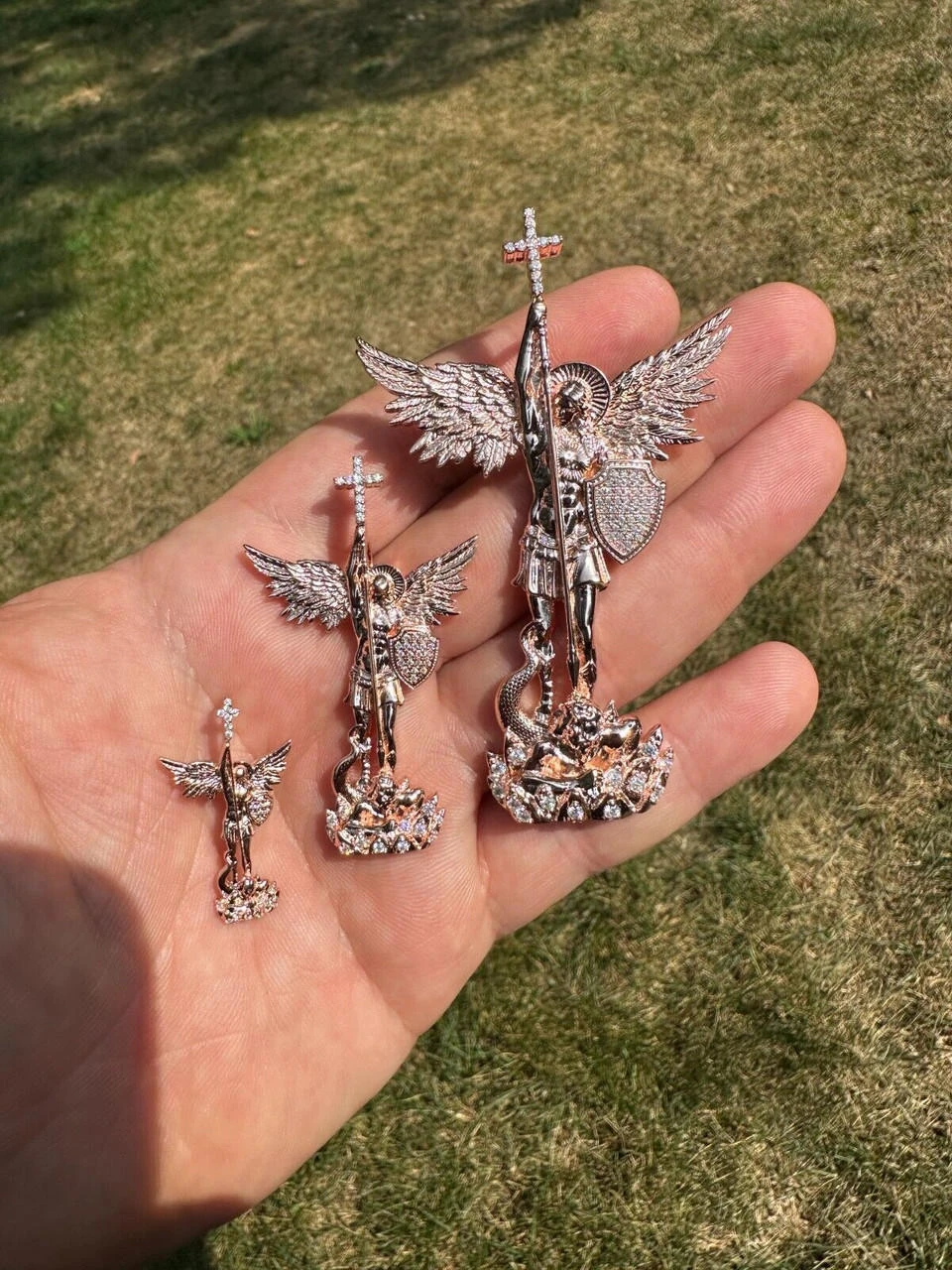 Real Iced MOISSANITE Saint Michael & Dragon Pendant 14k Rose Gold 925 Silver 4 Real Iced MOISSANITE Saint Michael & Dragon Pendant 14k Rose Gold 925 Silver - Image 2