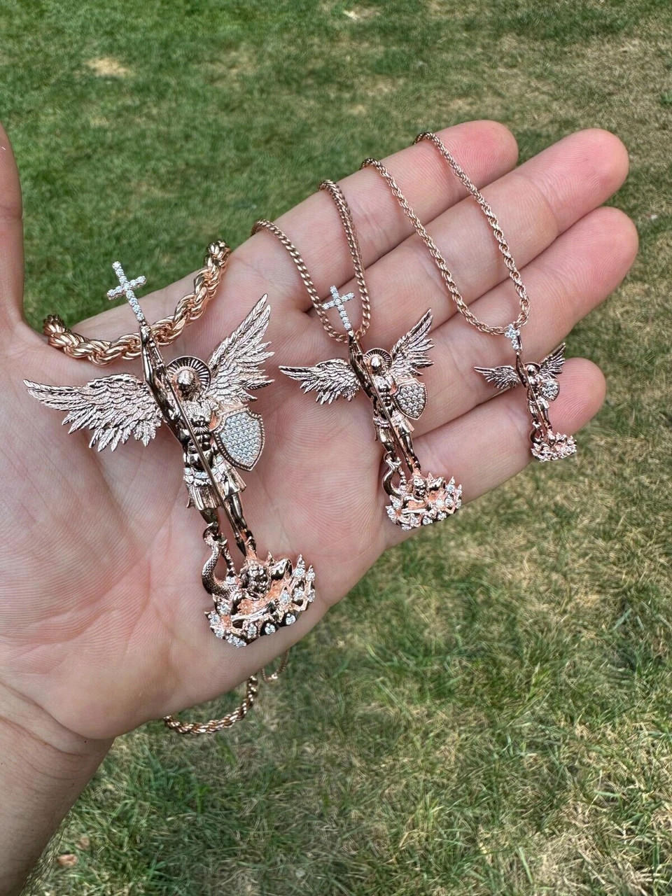 Real Iced MOISSANITE Saint Michael & Dragon Pendant 14k Rose Gold 925 Silver 22 Real Iced MOISSANITE Saint Michael & Dragon Pendant 14k Rose Gold 925 Silver - Image 20