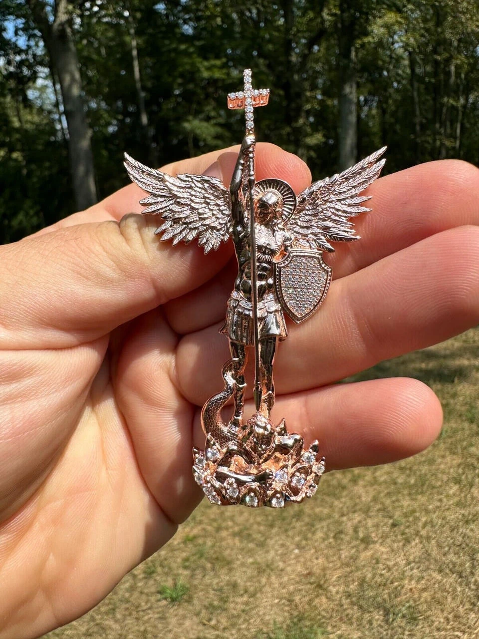 Real Iced MOISSANITE Saint Michael & Dragon Pendant 14k Rose Gold 925 Silver 7 Real Iced MOISSANITE Saint Michael & Dragon Pendant 14k Rose Gold 925 Silver - Image 5