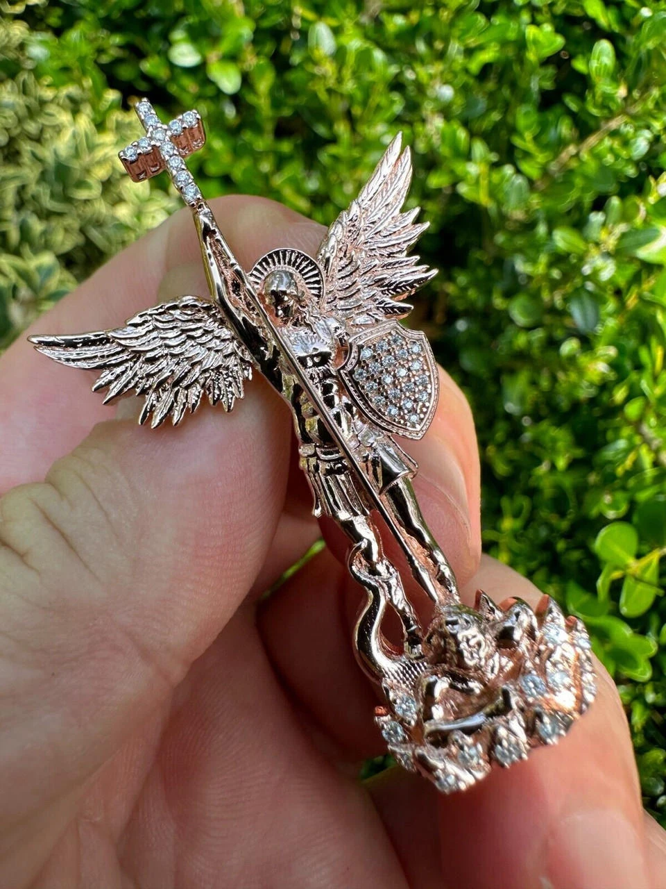 Real Iced MOISSANITE Saint Michael & Dragon Pendant 14k Rose Gold 925 Silver 14 Real Iced MOISSANITE Saint Michael & Dragon Pendant 14k Rose Gold 925 Silver - Image 12