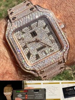 Real Mens 16ct VVS MOISSANITE Watch Iced Automatic Movement Hip Hop Rose Gold