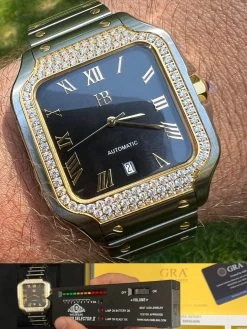 Real Mens 2.5ct MOISSANITE Watch Hip Hop Two Tone Gold Iced Automatic Black Face