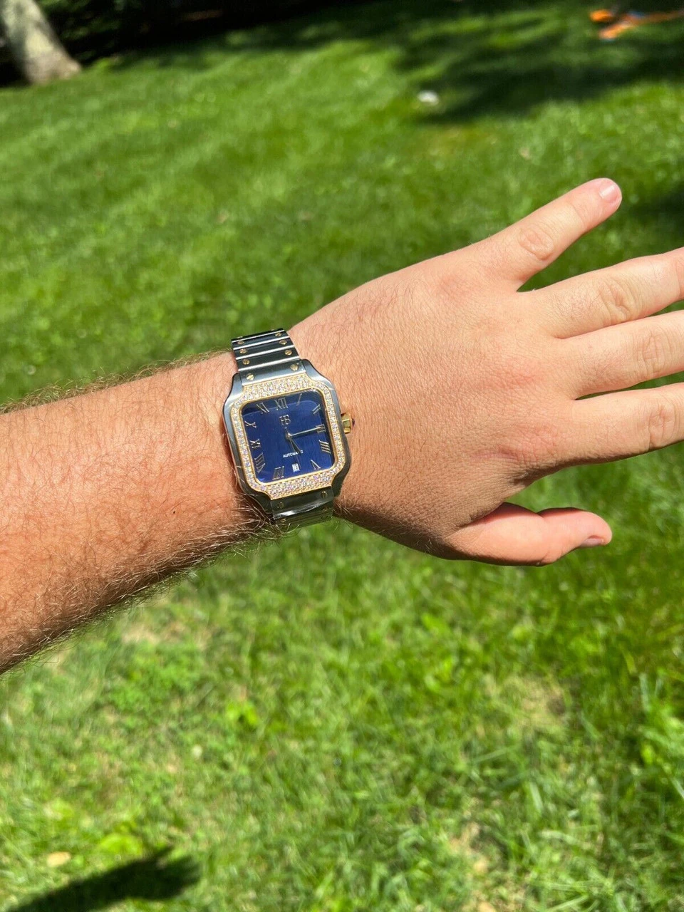 Real Mens 2.5ct MOISSANITE Watch Two Tone Gold Iced Automatic Movement Blue Face 5 Real Mens 2.5ct MOISSANITE Watch Two Tone Gold Iced Automatic Movement Blue Face - Image 3