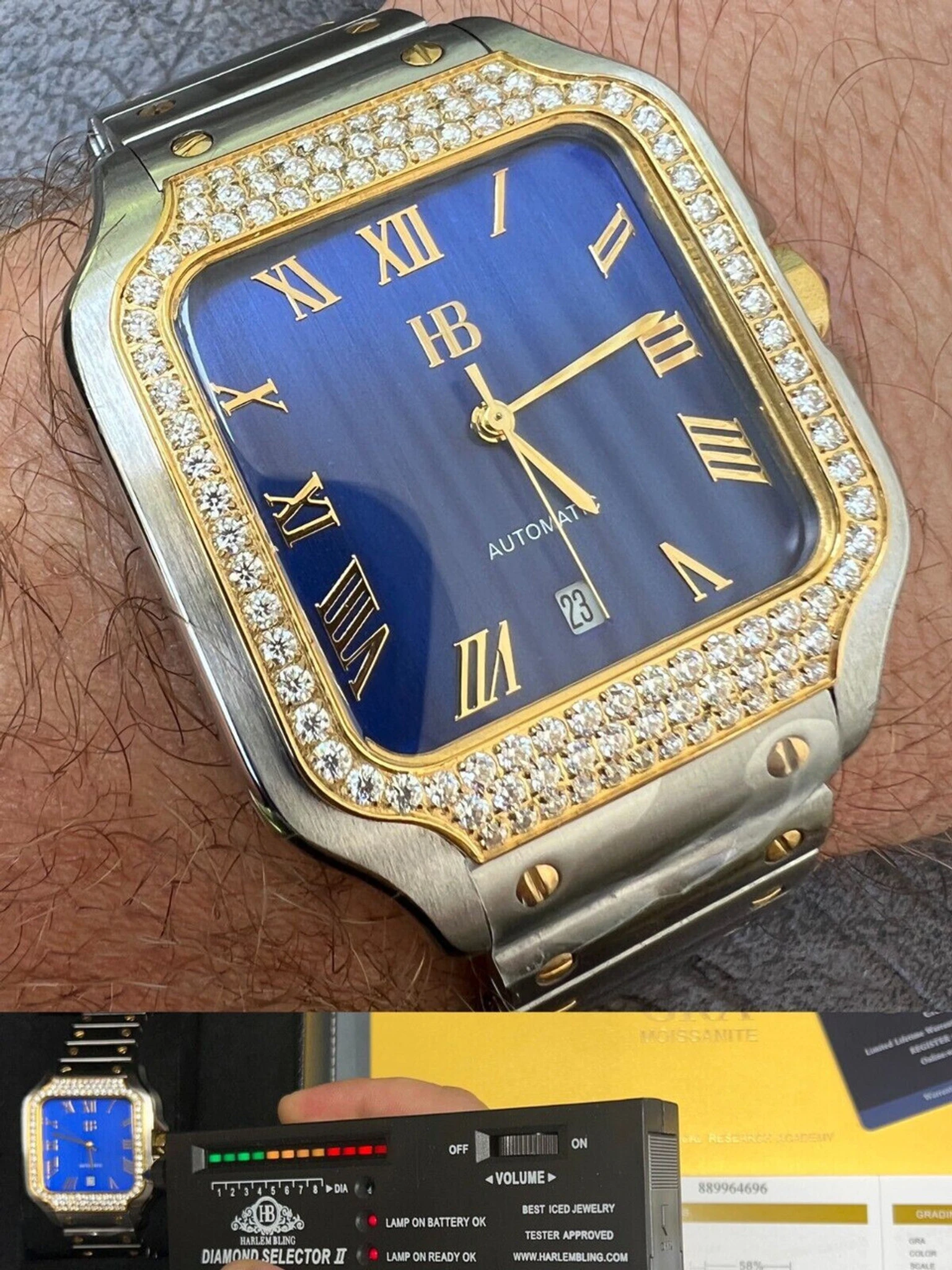 Real Mens 2.5ct MOISSANITE Watch Two Tone Gold Iced Automatic Movement Blue Face 3 Real Mens 2.5ct MOISSANITE Watch Two Tone Gold Iced Automatic Movement Blue Face