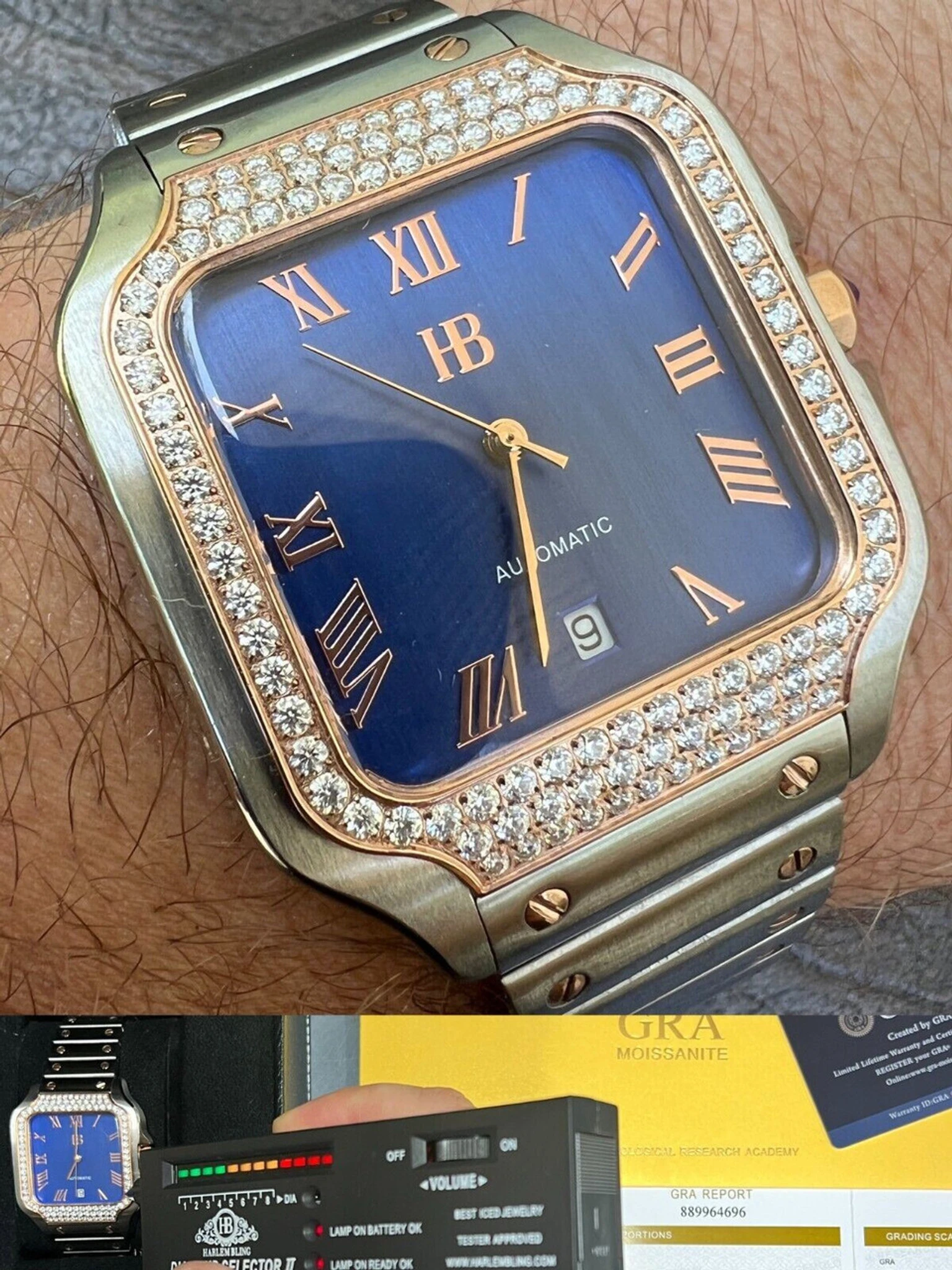 Real Mens 2.5ct MOISSANITE Watch Two Tone Rose Gold Iced Automatic Blue Face 3 Real Mens 2.5ct MOISSANITE Watch Two Tone Rose Gold Iced Automatic Blue Face