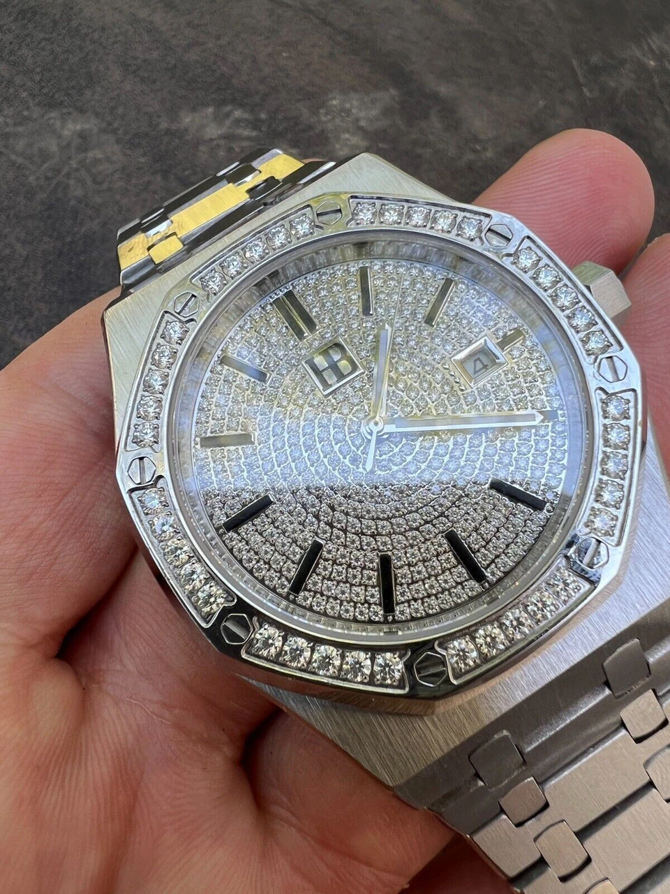 Real Mens Silver Watch Iced Automatic Skeleton Back 44mm Moissanite Hip Hop 7 Real Mens Silver Watch Iced Automatic Skeleton Back 44mm Moissanite Hip Hop - Image 5