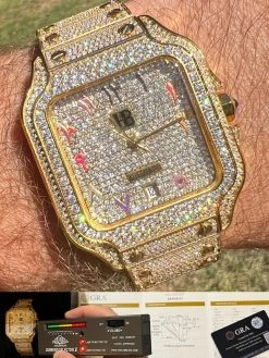 Real MOISSANITE Gold Watch Iced Automatic Arabic #s Hip Hop Pass Diamond Tester