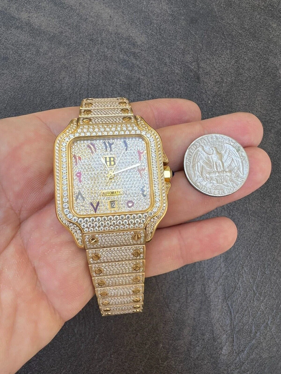 Real MOISSANITE Gold Watch Iced Automatic Arabic #s Hip Hop Pass Diamond Tester 14 Real MOISSANITE Gold Watch Iced Automatic Arabic #s Hip Hop Pass Diamond Tester - Image 12