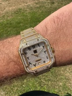 Real MOISSANITE Hip Hop Watch Fully Iced Mens Automatic Movement Gold Arabic -Harlem Bling Shop hip hop real moissanite hip hop watch fully iced mens automatic movement gold arabic 09974.1689291105