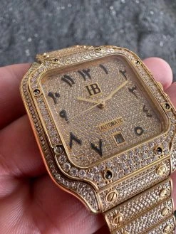 Real MOISSANITE Hip Hop Watch Fully Iced Mens Automatic Movement Gold Arabic -Harlem Bling Shop hip hop real moissanite hip hop watch fully iced mens automatic movement gold arabic 20690.1689291038