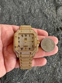 Real MOISSANITE Hip Hop Watch Fully Iced Mens Automatic Movement Gold Arabic -Harlem Bling Shop hip hop real moissanite hip hop watch fully iced mens automatic movement gold arabic 62619.1689291111