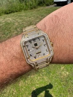 Real MOISSANITE Hip Hop Watch Fully Iced Mens Automatic Movement Gold Arabic -Harlem Bling Shop hip hop real moissanite hip hop watch fully iced mens automatic movement gold arabic 78734.1689291340