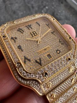 Real MOISSANITE Hip Hop Watch Fully Iced Mens Automatic Movement Gold Arabic -Harlem Bling Shop hip hop real moissanite hip hop watch fully iced mens automatic movement gold arabic 79562.1689291337