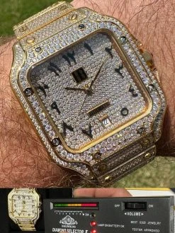 Real MOISSANITE Hip Hop Watch Fully Iced Mens Automatic Movement Gold Arabic