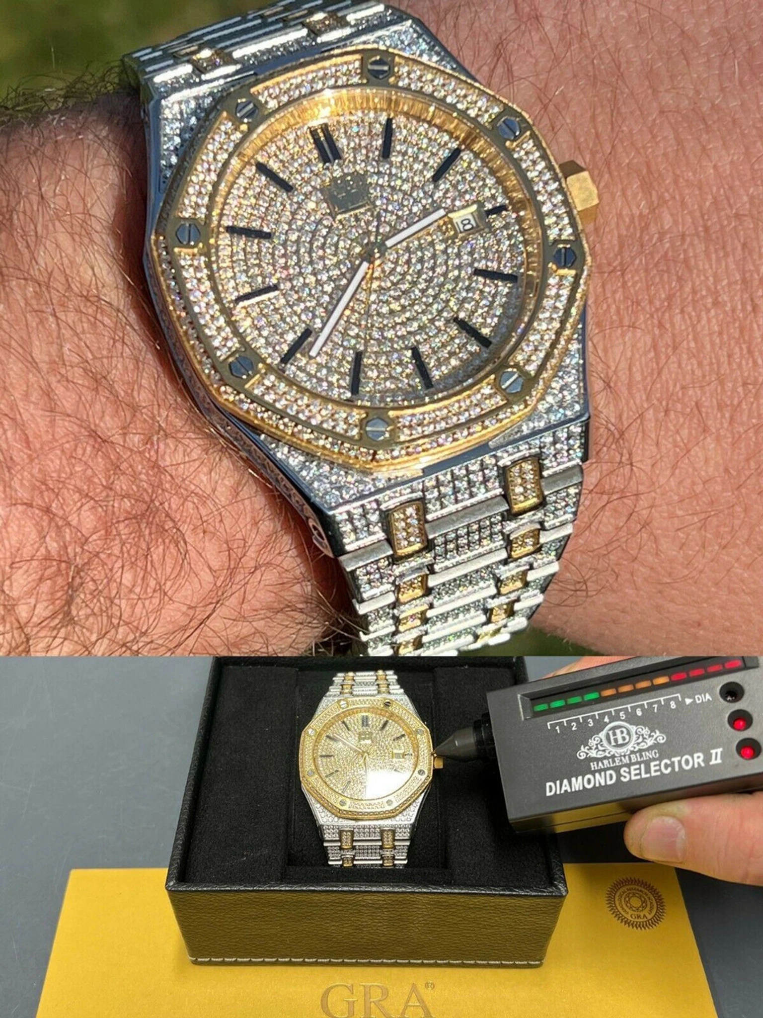 Real MOISSANITE Mens Skeleton Watch Iced Gold & Silver Hip Hop Pass Diamond Test 3 Real MOISSANITE Mens Skeleton Watch Iced Gold & Silver Hip Hop Pass Diamond Test