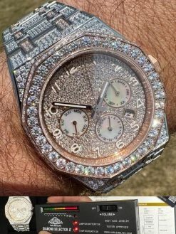 Real MOISSANITE Mens Watch 14k Rose Gold Two Tone Iced Skeleton Back Hip Hop