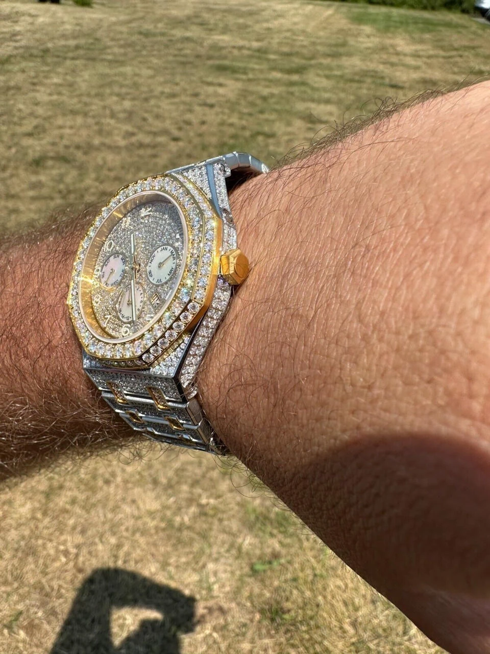 Real MOISSANITE Mens Watch Gold Two Tone Iced Skeleton Back Hip Hop Pass Tester 16 Real MOISSANITE Mens Watch Gold Two Tone Iced Skeleton Back Hip Hop Pass Tester - Image 14