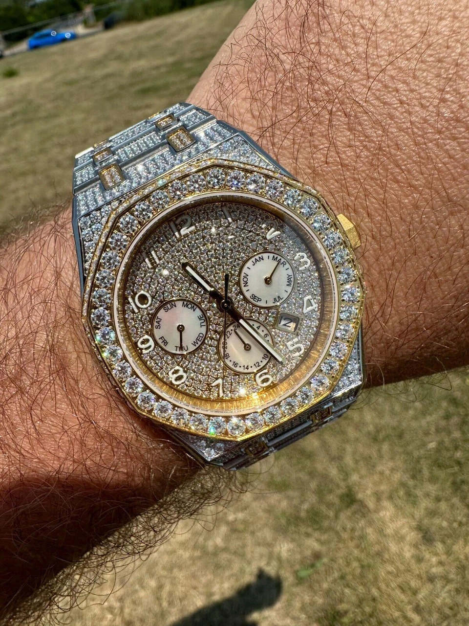 Real MOISSANITE Mens Watch Gold Two Tone Iced Skeleton Back Hip Hop Pass Tester 17 Real MOISSANITE Mens Watch Gold Two Tone Iced Skeleton Back Hip Hop Pass Tester - Image 15