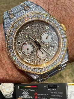 Real MOISSANITE Mens Watch Gold Two Tone Iced Skeleton Back Hip Hop Pass Tester