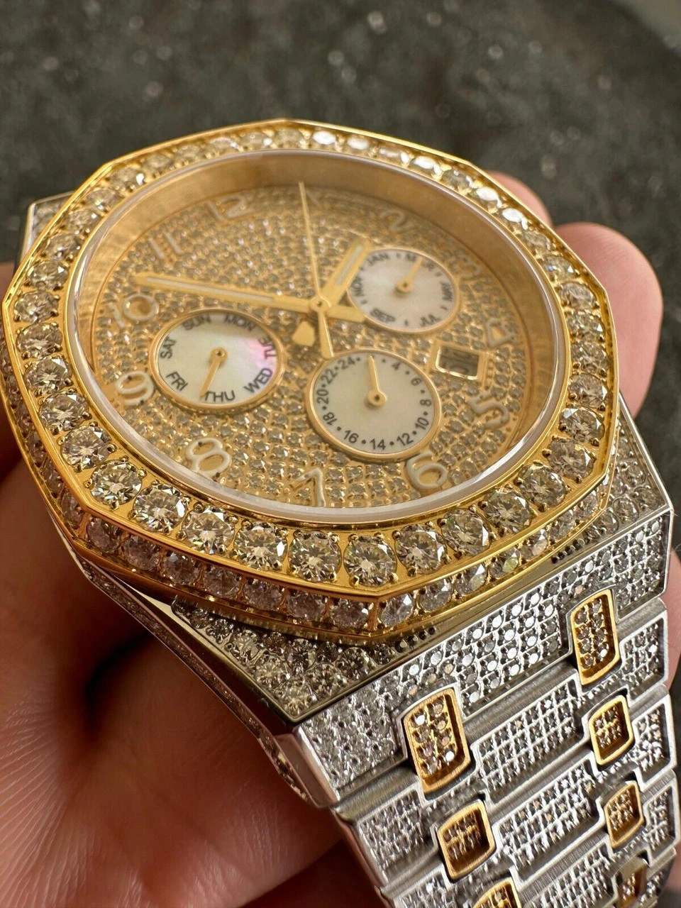 Real MOISSANITE Mens Watch Gold Two Tone Iced Skeleton Back Hip Hop Pass Tester 22 Real MOISSANITE Mens Watch Gold Two Tone Iced Skeleton Back Hip Hop Pass Tester - Image 20