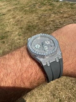 Real MOISSANITE Mens Watch Iced Skeleton Back 44mm Hip Hop - Gray Silicone Band -Harlem Bling Shop hip hop real moissanite mens watch iced skeleton back 44mm hip hop gray silicone band 04753.1689291374