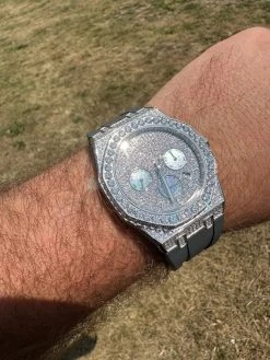 Real MOISSANITE Mens Watch Iced Skeleton Back 44mm Hip Hop - Gray Silicone Band -Harlem Bling Shop hip hop real moissanite mens watch iced skeleton back 44mm hip hop gray silicone band 31013.1689291001