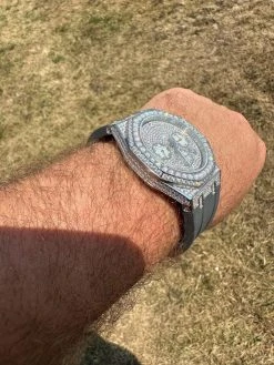 Real MOISSANITE Mens Watch Iced Skeleton Back 44mm Hip Hop - Gray Silicone Band -Harlem Bling Shop hip hop real moissanite mens watch iced skeleton back 44mm hip hop gray silicone band 32897.1689291352