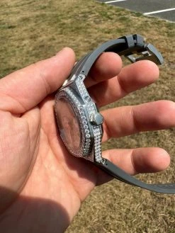 Real MOISSANITE Mens Watch Iced Skeleton Back 44mm Hip Hop - Gray Silicone Band -Harlem Bling Shop hip hop real moissanite mens watch iced skeleton back 44mm hip hop gray silicone band 72239.1689291275