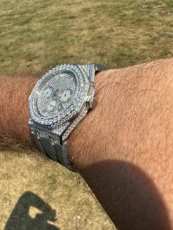 Real MOISSANITE Mens Watch Iced Skeleton Back 44mm Hip Hop - Gray Silicone Band -Harlem Bling Shop hip hop real moissanite mens watch iced skeleton back 44mm hip hop gray silicone band 91359.1689291103