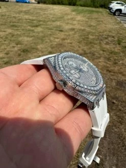 Real MOISSANITE Mens Watch Iced Skeleton Back 44mm Hip Hop - White Silicone Band -Harlem Bling Shop hip hop real moissanite mens watch iced skeleton back 44mm hip hop white silicone band 01171.1689291073