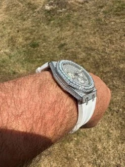 Real MOISSANITE Mens Watch Iced Skeleton Back 44mm Hip Hop - White Silicone Band -Harlem Bling Shop hip hop real moissanite mens watch iced skeleton back 44mm hip hop white silicone band 10992.1689291361