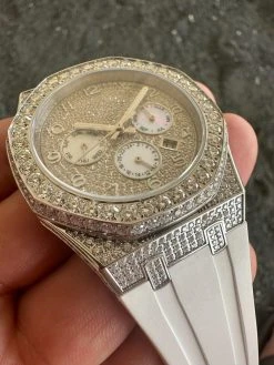 Real MOISSANITE Mens Watch Iced Skeleton Back 44mm Hip Hop - White Silicone Band -Harlem Bling Shop hip hop real moissanite mens watch iced skeleton back 44mm hip hop white silicone band 22587.1689291388