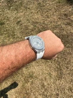 Real MOISSANITE Mens Watch Iced Skeleton Back 44mm Hip Hop - White Silicone Band -Harlem Bling Shop hip hop real moissanite mens watch iced skeleton back 44mm hip hop white silicone band 28372.1689291116