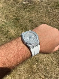 Real MOISSANITE Mens Watch Iced Skeleton Back 44mm Hip Hop - White Silicone Band -Harlem Bling Shop hip hop real moissanite mens watch iced skeleton back 44mm hip hop white silicone band 51640.1689291271