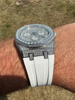 Real MOISSANITE Mens Watch Iced Skeleton Back 44mm Hip Hop - White Silicone Band -Harlem Bling Shop hip hop real moissanite mens watch iced skeleton back 44mm hip hop white silicone band 60777.1689291080