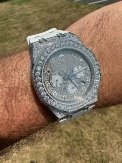 Real MOISSANITE Mens Watch Iced Skeleton Back 44mm Hip Hop - White Silicone Band -Harlem Bling Shop hip hop real moissanite mens watch iced skeleton back 44mm hip hop white silicone band 66408.1689291064