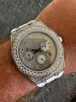 Real MOISSANITE Mens Watch Iced Skeleton Back 44mm Hip Hop - White Silicone Band -Harlem Bling Shop hip hop real moissanite mens watch iced skeleton back 44mm hip hop white silicone band 66860.1689291151