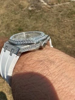 Real MOISSANITE Mens Watch Iced Skeleton Back 44mm Hip Hop - White Silicone Band -Harlem Bling Shop hip hop real moissanite mens watch iced skeleton back 44mm hip hop white silicone band 75053.1689291375