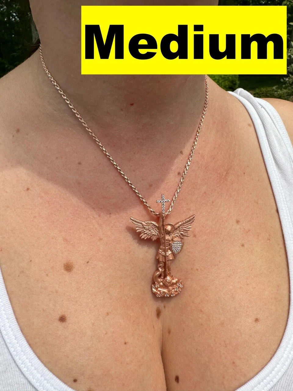 Real MOISSANITE Saint Michael & Dragon Pendant 14k Rose Gold Vermeil 925 Silver 13 Real MOISSANITE Saint Michael & Dragon Pendant 14k Rose Gold Vermeil 925 Silver - Image 11
