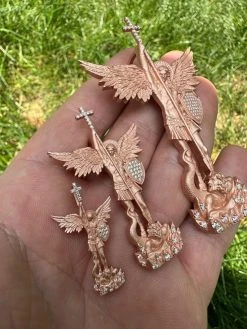 Real MOISSANITE Saint Michael & Dragon Pendant 14k Rose Gold Vermeil 925 Silver 40 Real MOISSANITE Saint Michael & Dragon Pendant 14k Rose Gold Vermeil 925 Silver -Harlem Bling Shop hip hop real moissanite saint michael and dragon pendant 14k rose gold vermeil 925 silver 92418.1684357725