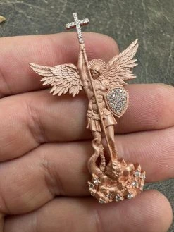 Real MOISSANITE Saint Michael & Dragon Pendant 14k Rose Gold Vermeil 925 Silver 24 Real MOISSANITE Saint Michael & Dragon Pendant 14k Rose Gold Vermeil 925 Silver -Harlem Bling Shop hip hop real moissanite saint michael and dragon pendant 14k rose gold vermeil 925 silver 93234.1684357662