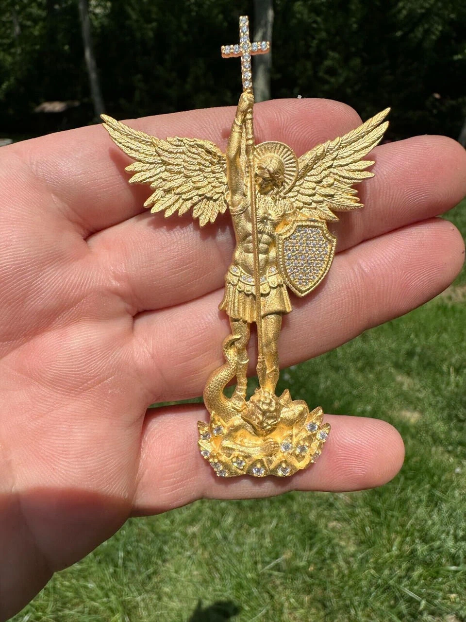 Real MOISSANITE Saint Michael Slaying Dragon Pendant 14k Gold Vermeil 925 Silver 6 Real MOISSANITE Saint Michael Slaying Dragon Pendant 14k Gold Vermeil 925 Silver - Image 4