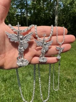 Real MOISSANITE Saint St Michael Slaying Dragon Archangel Pendant 925 Silver 40 Real MOISSANITE Saint St Michael Slaying Dragon Archangel Pendant 925 Silver -Harlem Bling Shop hip hop real moissanite saint st michael slaying dragon archangel pendant 925 silver 63813.1684357740