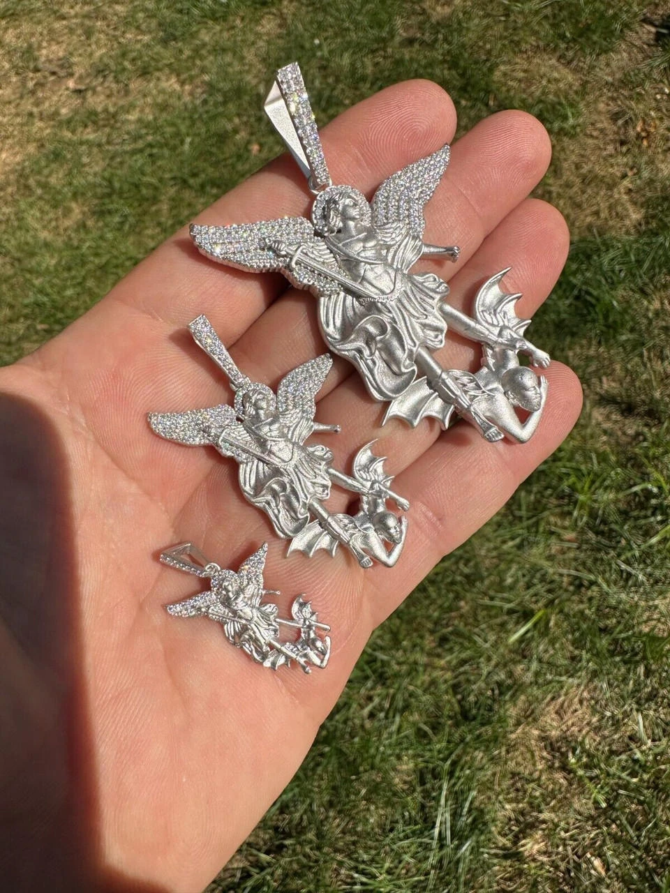 Real MOISSANITE Saint St Michael Slaying Dragon Pendant 925 Silver Necklace Iced 6 Real MOISSANITE Saint St Michael Slaying Dragon Pendant 925 Silver Necklace Iced - Image 4